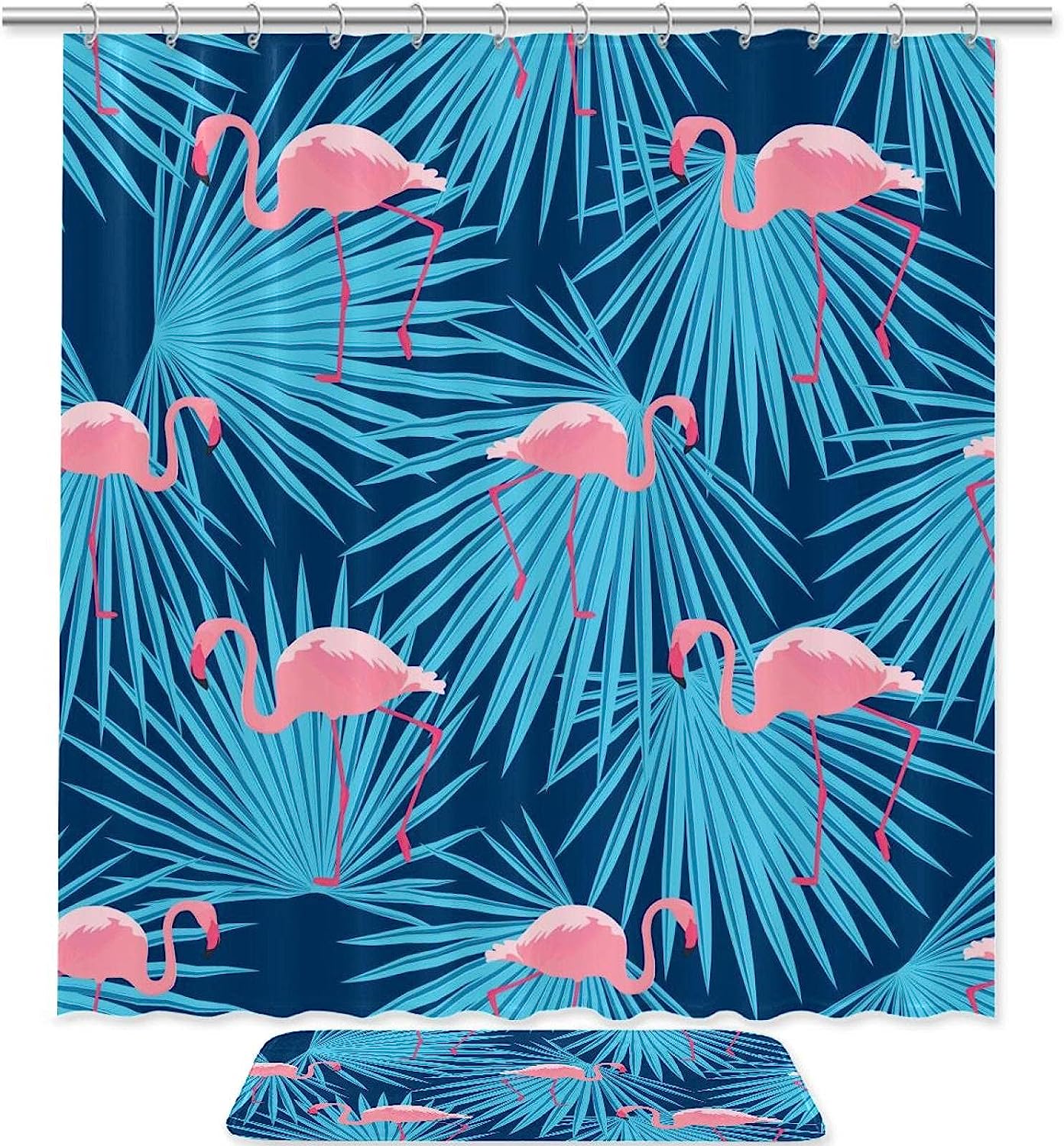 Pink Flamingos and Palm Leaves Fabric Shower Curtain for a Tropical Bathroom