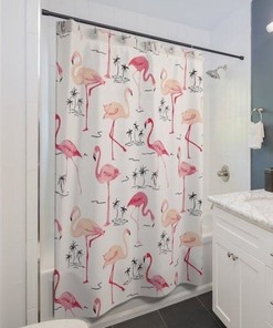 Pink Flamingos and Palm Trees Shower Curtain for Beach Bathroom Decor