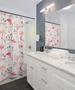 Pink Flamingos and Palm Trees Shower Curtain for Beach Bathroom Decor