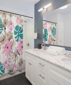 Pink Flamingos and Palm Trees Shower Curtain for Tropical Bathroom Decor