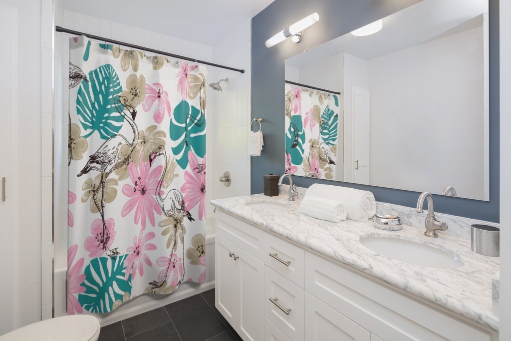 Pink Flamingos and Palm Trees Shower Curtain for Tropical Bathroom Decor
