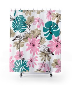 Pink Flamingos and Palm Trees Shower Curtain for Tropical Bathroom Decor