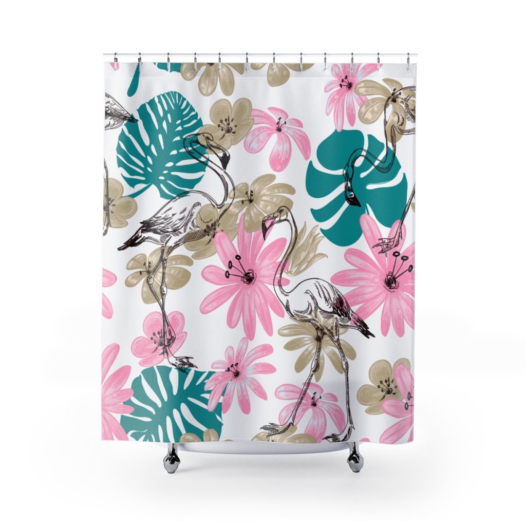 Pink Flamingos and Palm Trees Shower Curtain for Tropical Bathroom Decor