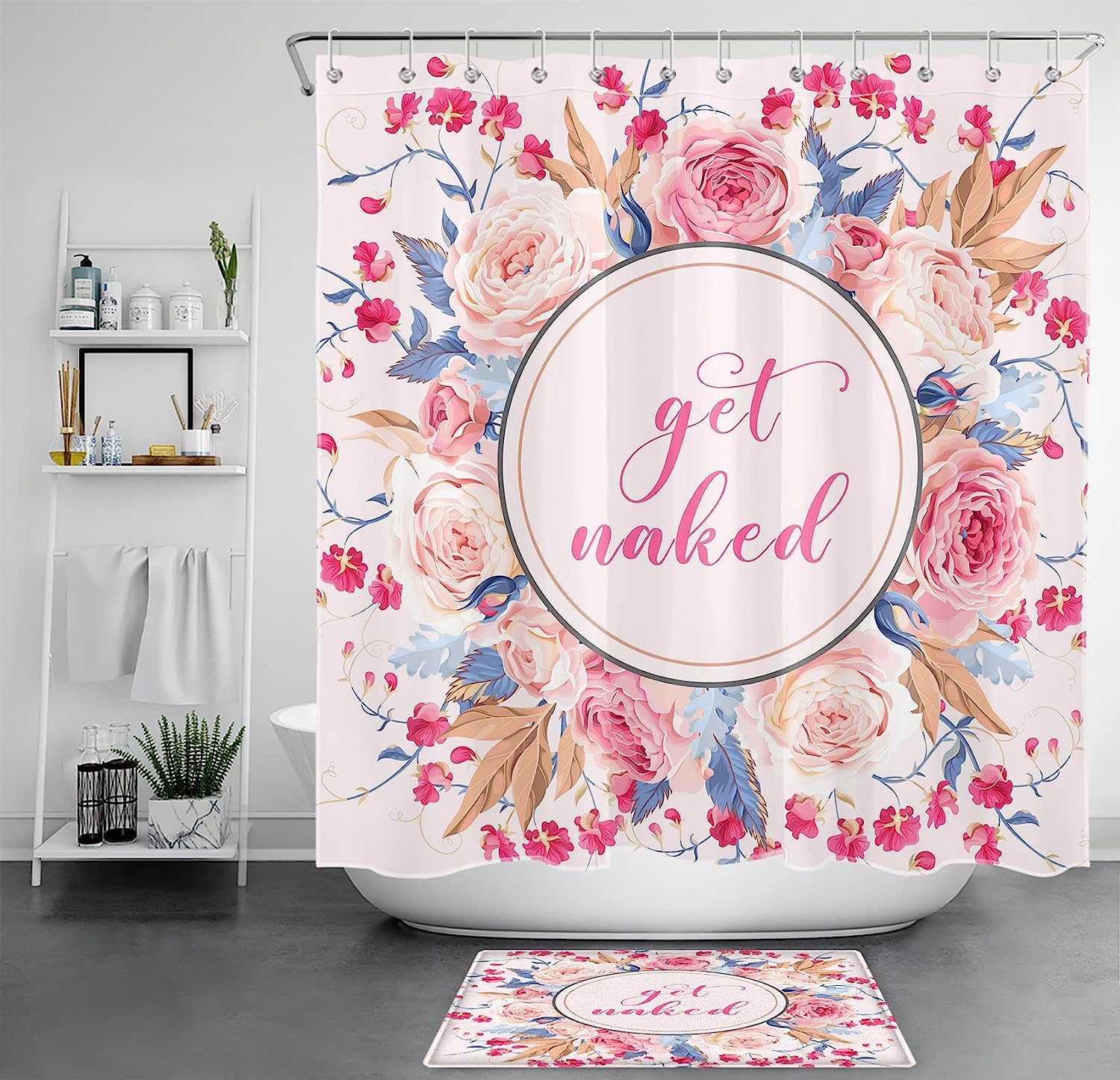 Pink Floral Aesthetic Get Naked Shower Curtain with Rose Flowers for Bathroom