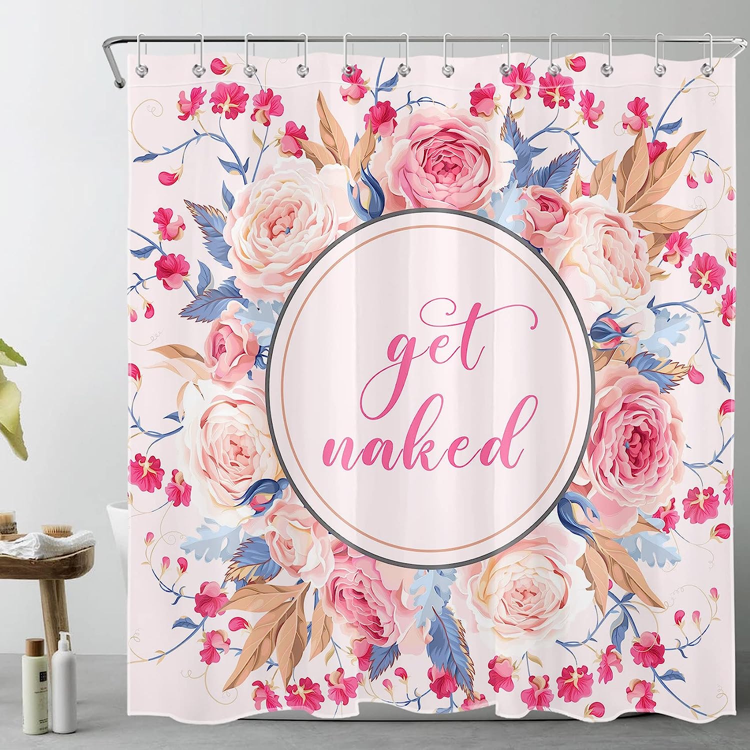 Pink Floral Aesthetic Get Naked Shower Curtain with Rose Flowers for Bathroom