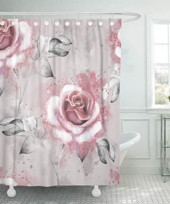Pink Floral And Leaf Shower Curtain On Gray Background, Watercolor Bathroom Accessory 