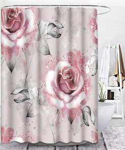 Pink Floral And Leaf Shower Curtain On Gray Background, Watercolor Bathroom Accessory