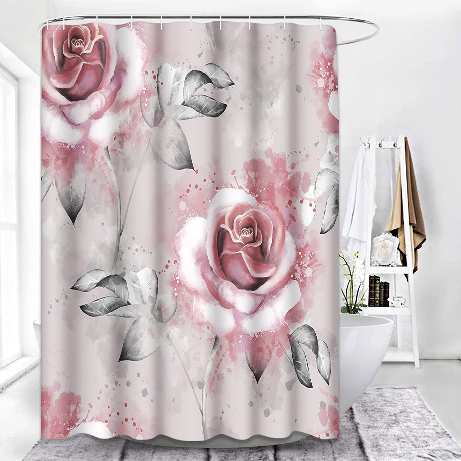 Pink Floral And Leaf Shower Curtain On Gray Background, Watercolor Bathroom Accessory