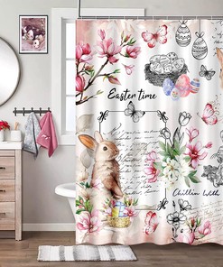 Pink Floral Bunny And Butterfly Shower Curtain For Spring And Easter Bathroom Decor By Alishomtll