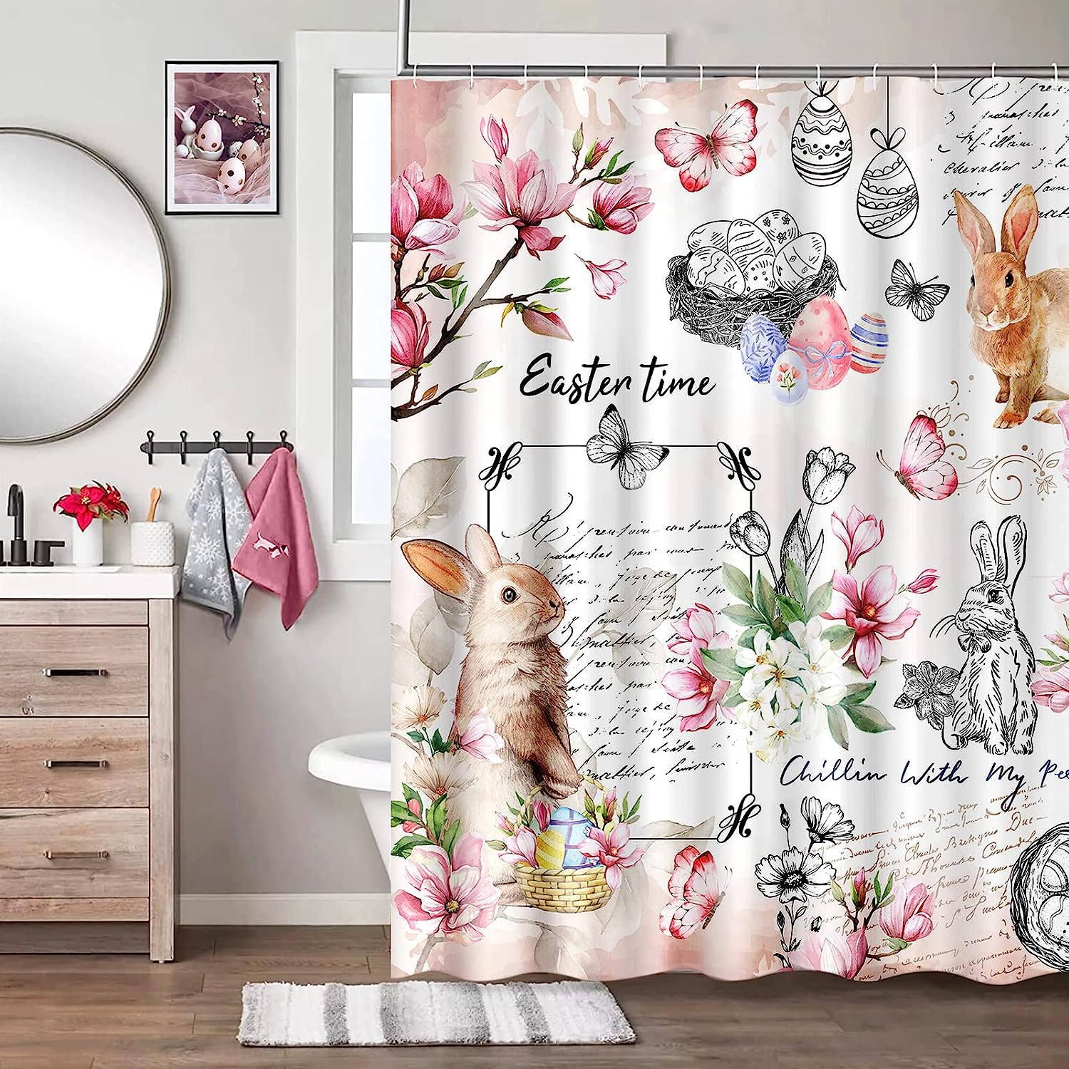 Pink Floral Bunny And Butterfly Shower Curtain For Spring And Easter Bathroom Decor By Alishomtll