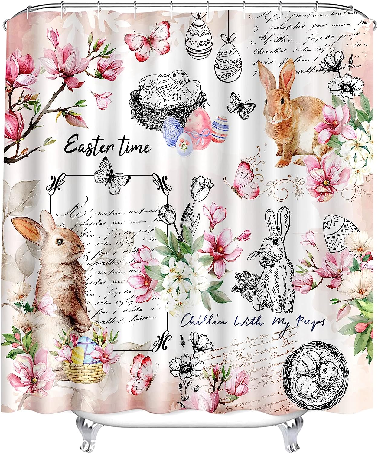 Pink Floral Bunny And Butterfly Shower Curtain For Spring And Easter Bathroom Decor By Alishomtll - Image 2