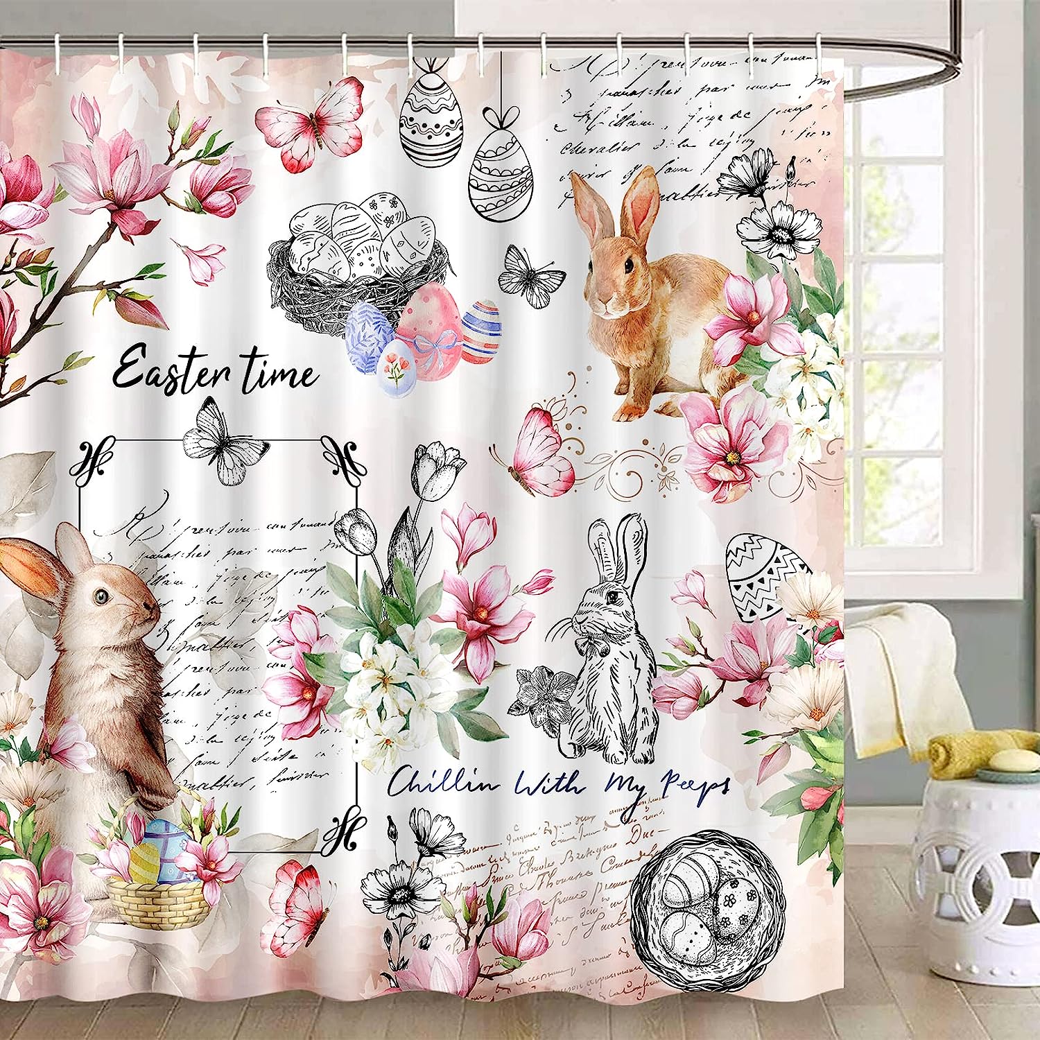 Pink Floral Bunny And Butterfly Shower Curtain For Spring And Easter Bathroom Decor By Alishomtll - Image 3