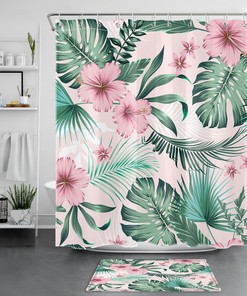 Pink Floral Palm Leaf Shower Curtain for Exotic Bathroom Decor