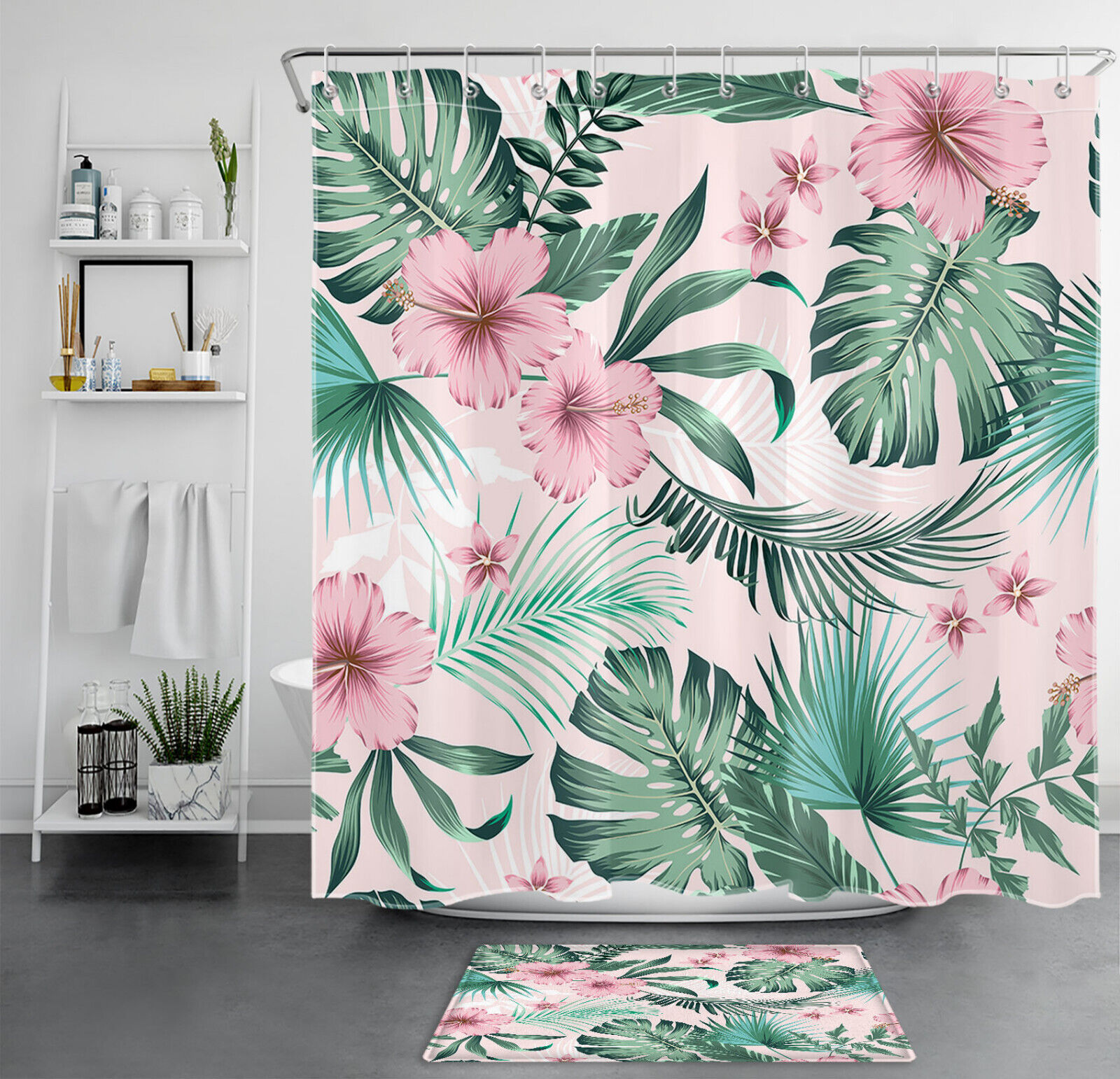 Pink Floral Palm Leaf Shower Curtain for Exotic Bathroom Decor