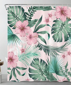 Pink Floral Palm Leaf Shower Curtain for Exotic Bathroom Decor