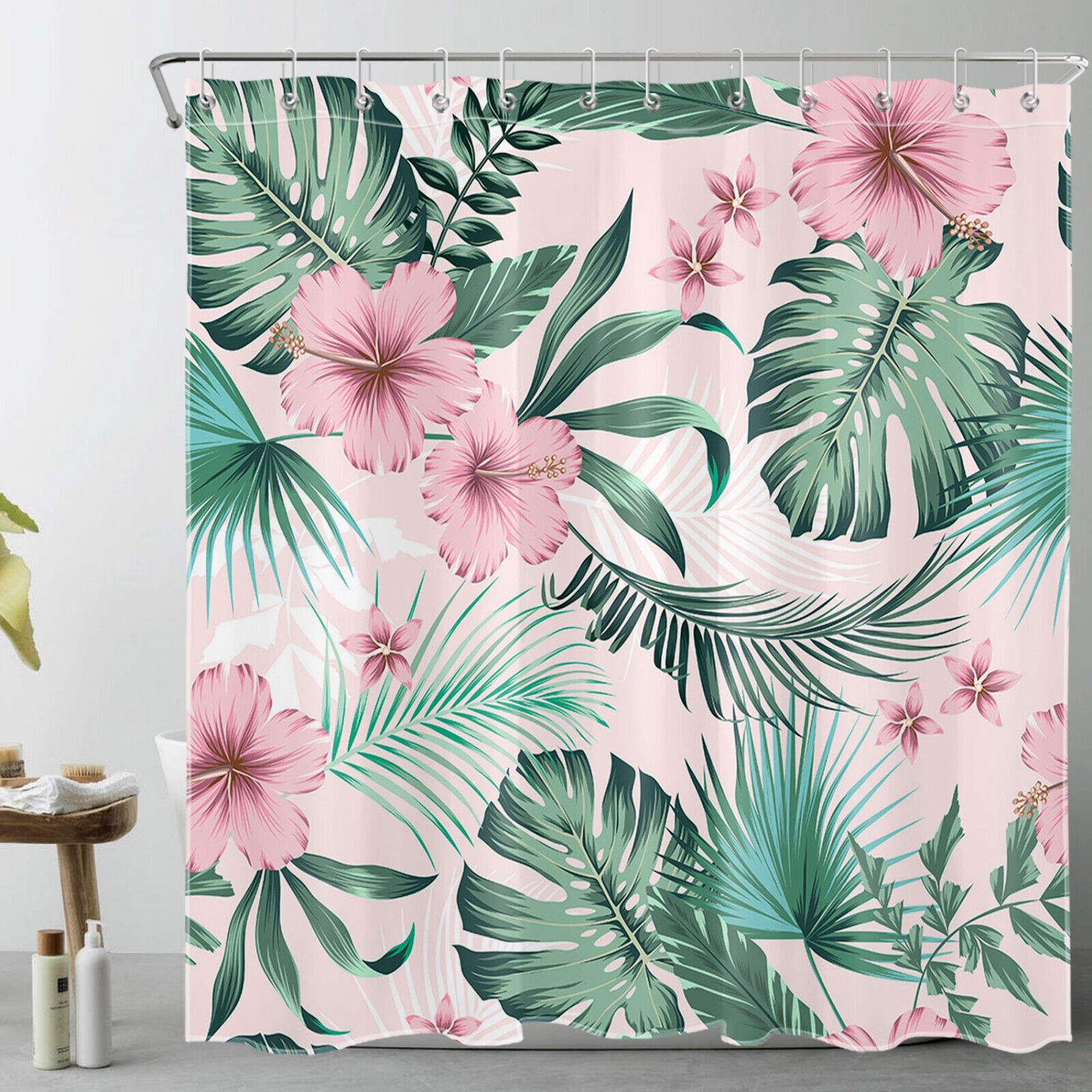 Pink Floral Palm Leaf Shower Curtain for Exotic Bathroom Decor