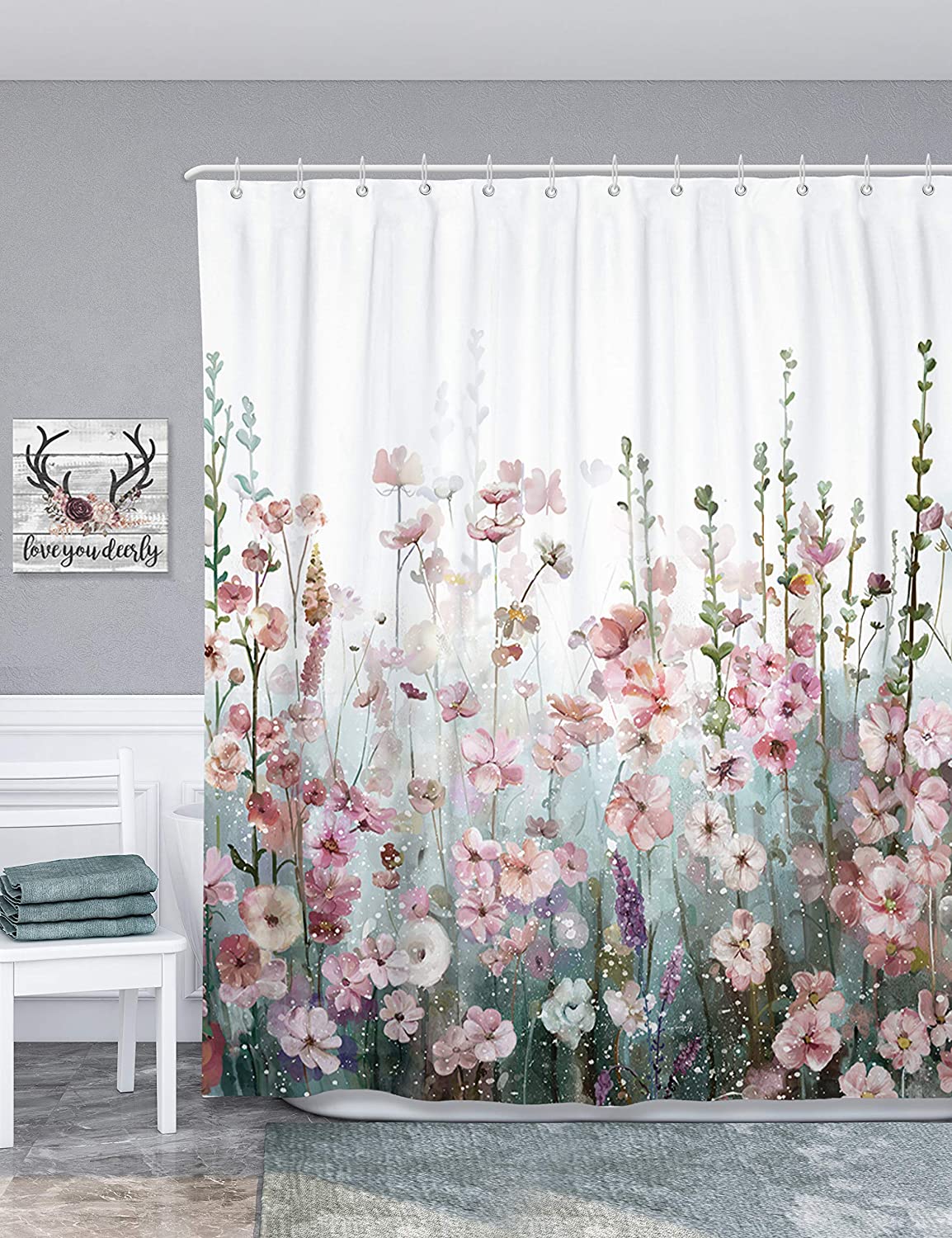 Pink Floral Romantic Wildflower Shower Curtain for Bathroom Decor