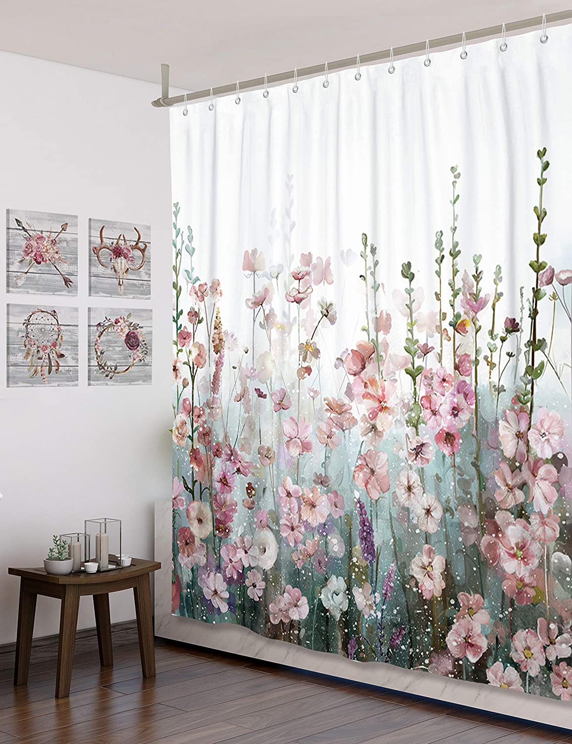 Pink Floral Romantic Wildflower Shower Curtain for Bathroom Decor