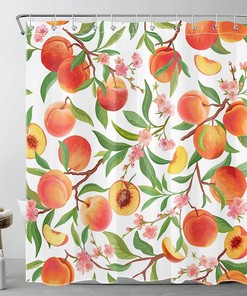 Pink Floral Shower Curtain With Green Leaf On White Background,