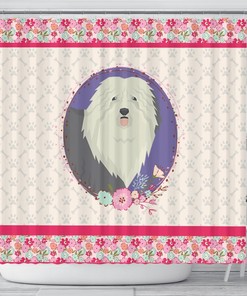 Pink Floral Shower Curtain with Old English Sheepdog Design for Girl's Bathroom Decor - Unbranded