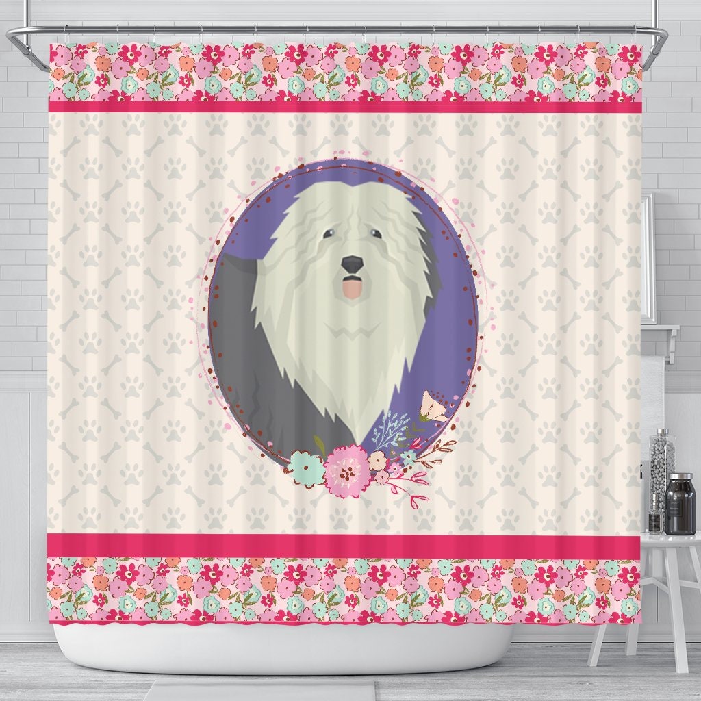Pink Floral Shower Curtain with Old English Sheepdog Design for Girl's Bathroom Decor - Unbranded