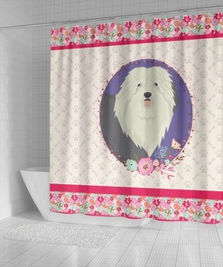 Pink Floral Shower Curtain with Old English Sheepdog Design for Girl's Bathroom Decor - Unbranded
