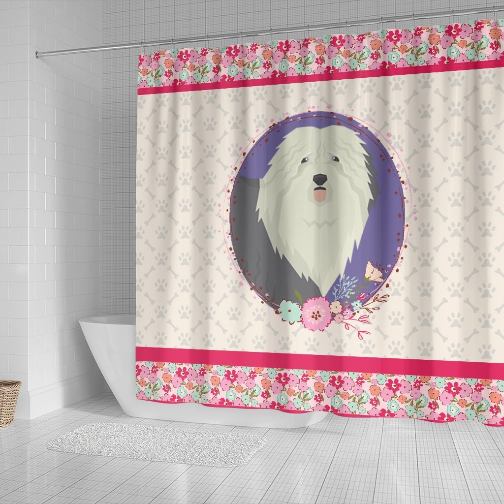 Pink Floral Shower Curtain with Old English Sheepdog Design for Girl's Bathroom Decor - Unbranded