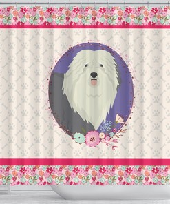 Pink Floral Shower Curtain with Old English Sheepdog Design for Girl's Bathroom Decor - Unbranded