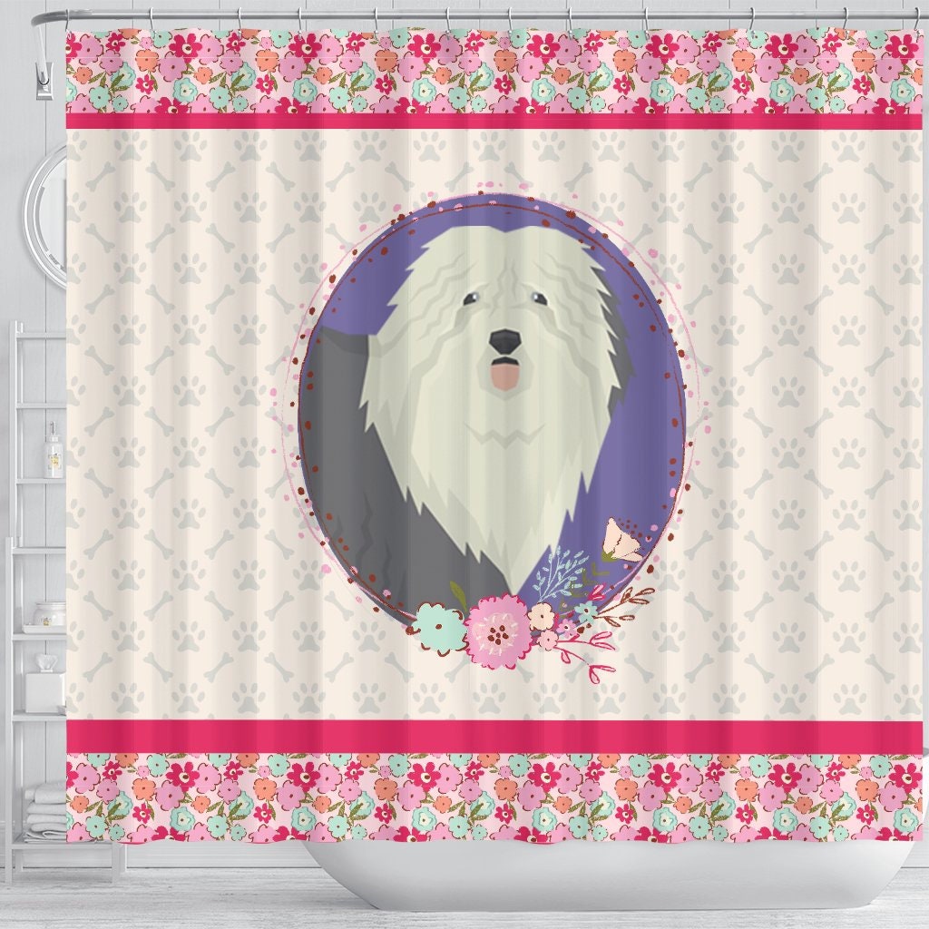 Pink Floral Shower Curtain with Old English Sheepdog Design for Girl's Bathroom Decor - Unbranded