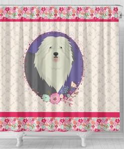 Pink Floral Shower Curtain with Old English Sheepdog Design for Girl's Bathroom Decor - Unbranded
