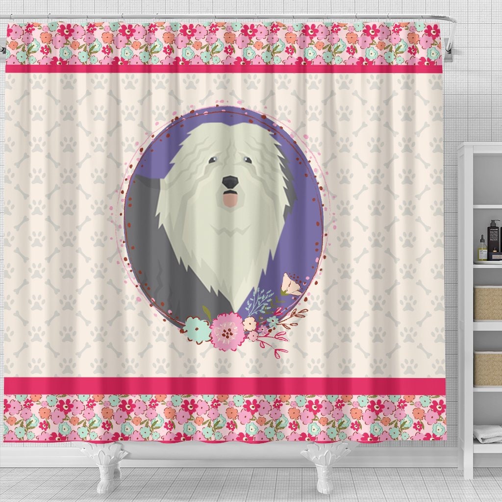 Pink Floral Shower Curtain with Old English Sheepdog Design for Girl's Bathroom Decor - Unbranded