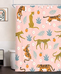 Pink Floral Tiger Leopard Fabric Shower Curtain for Girly Bathroom Decor