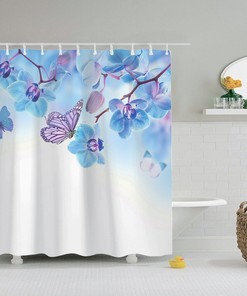 Pink Flower Butterfly Design Print Shower Curtain For Artistic Bathroom