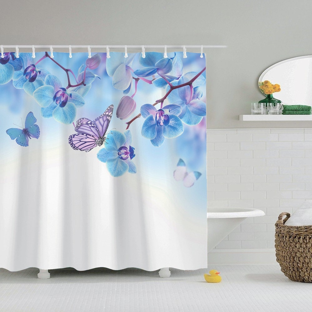 Pink Flower Butterfly Design Print Shower Curtain For Artistic Bathroom