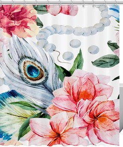 Pink Flower Peacock Feather Fabric Shower Curtain for Bathroom Decor