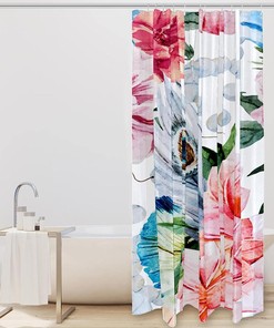 Pink Flower Peacock Feather Fabric Shower Curtain for Bathroom Decor