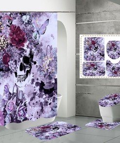 Pink Flower Skull Fabric Shower Curtain - Vintage Flower Bathroom Decor 