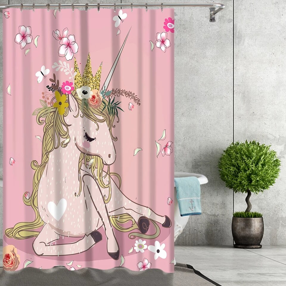 Pink Flower Unicorn Print Shower Curtain for Your Modern Bathroom Decor
