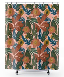 Pink Flowers And Leaves Shower Curtain For Your Plant Themed Bathroom