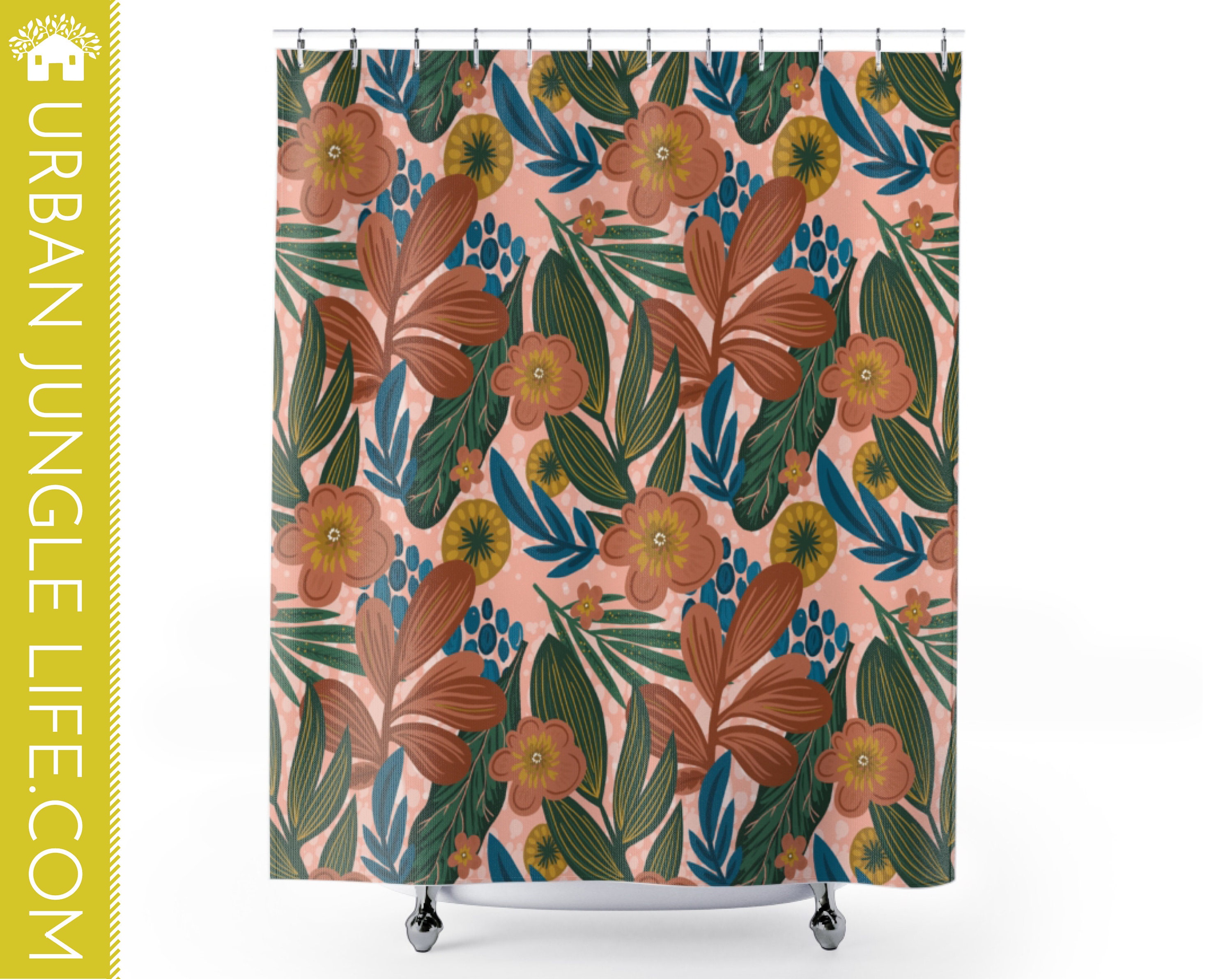 Pink Flowers And Leaves Shower Curtain For Your Plant Themed Bathroom