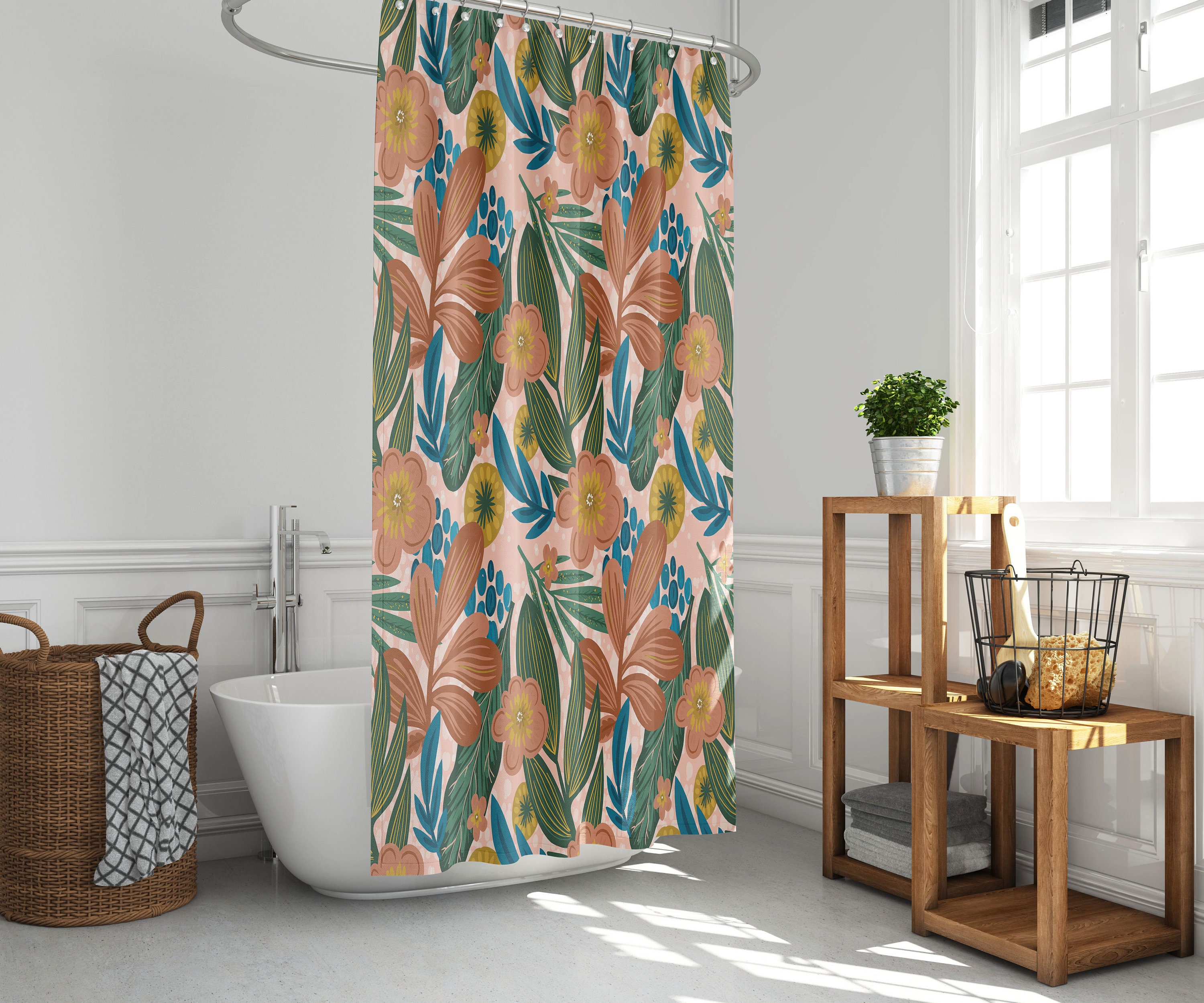 Pink Flowers And Leaves Shower Curtain For Your Plant Themed Bathroom