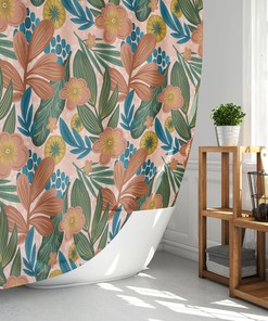 Pink Flowers And Leaves Shower Curtain For Your Plant Themed Bathroom