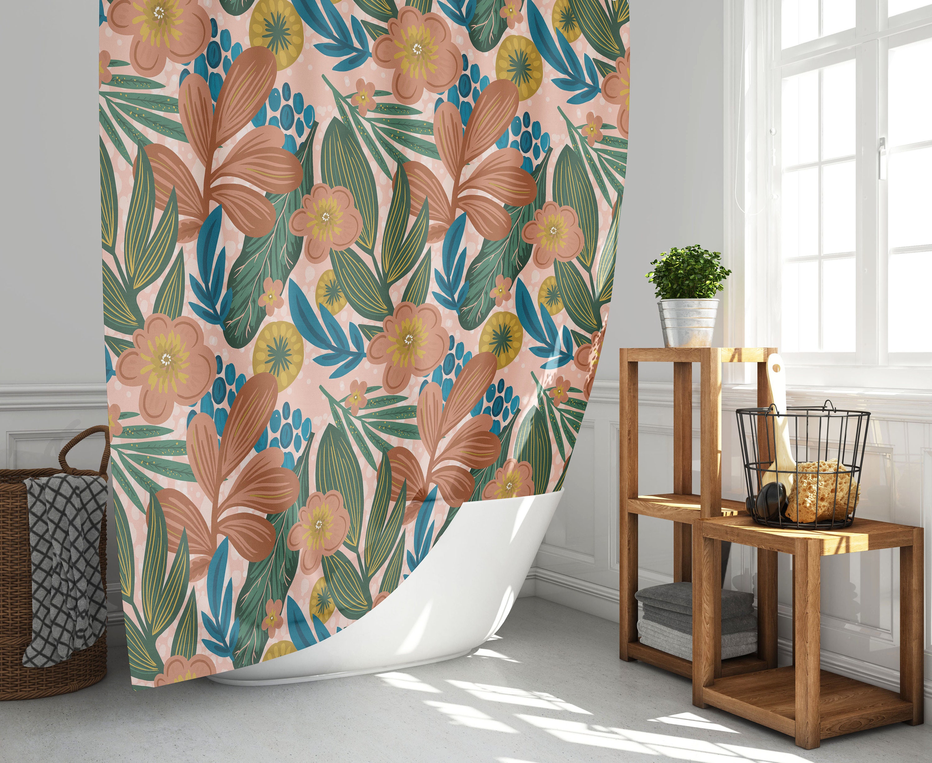 Pink Flowers And Leaves Shower Curtain For Your Plant Themed Bathroom