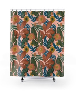 Pink Flowers And Leaves Shower Curtain For Your Plant Themed Bathroom