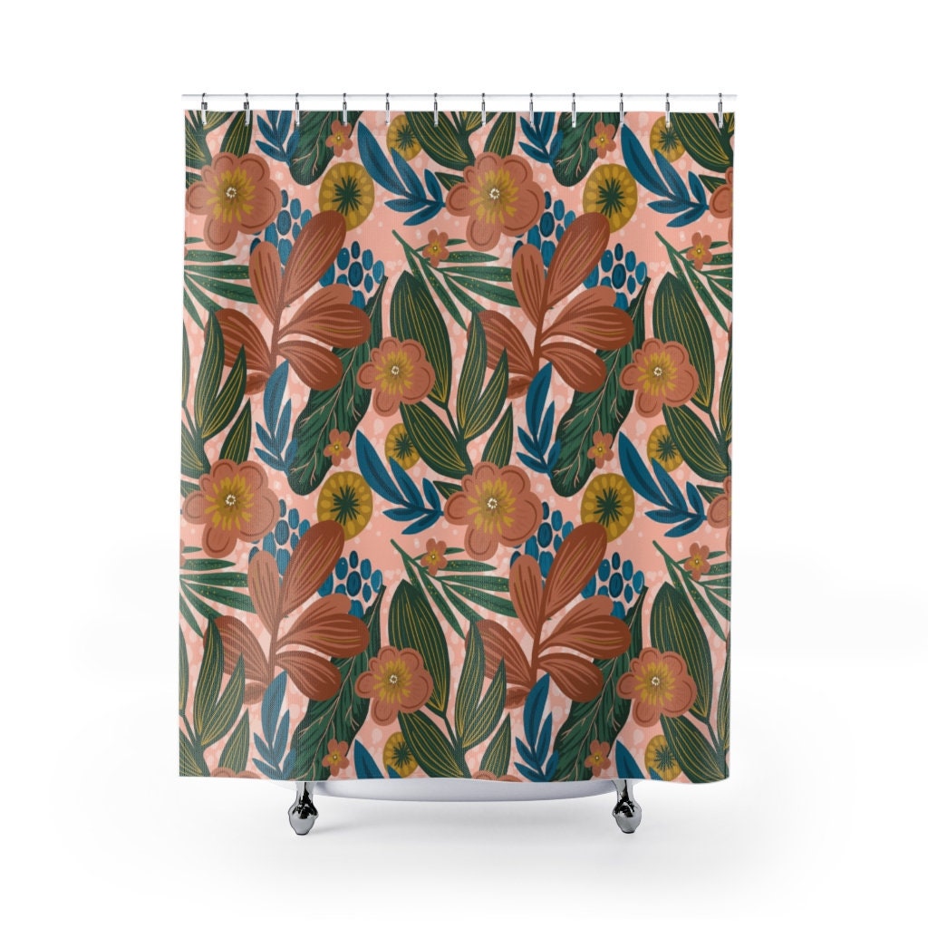 Pink Flowers And Leaves Shower Curtain For Your Plant Themed Bathroom