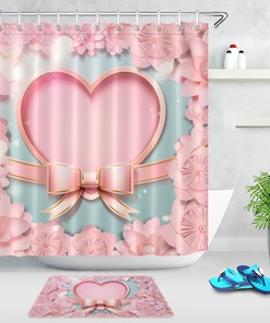 Pink Flowers Heart Shaped And Bow Print Waterproof Fabric Shower Curtain For Bathroom