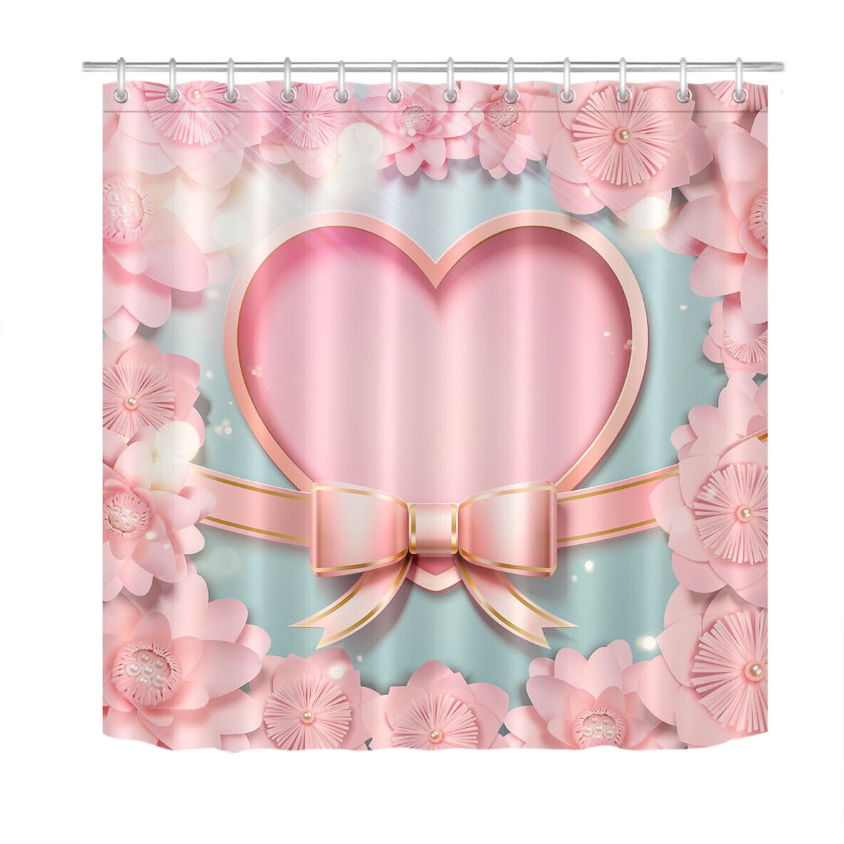 Pink Flowers Heart Shaped And Bow Print Waterproof Fabric Shower Curtain For Bathroom - Image 2