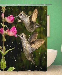 Pink Flowers In Raining Day Shower Curtain With Two Hummingbirds