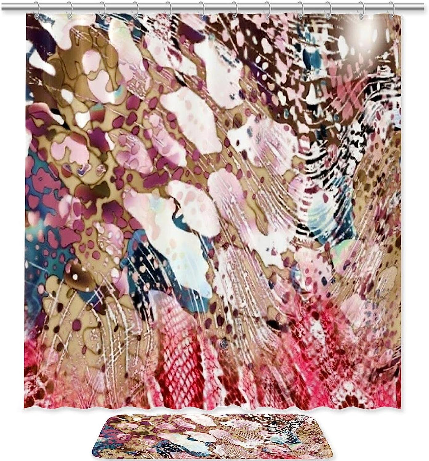 Pink Flowers Leopard Print Printed Bathroom Tub Set With Waterproof Fabric Shower Curtain