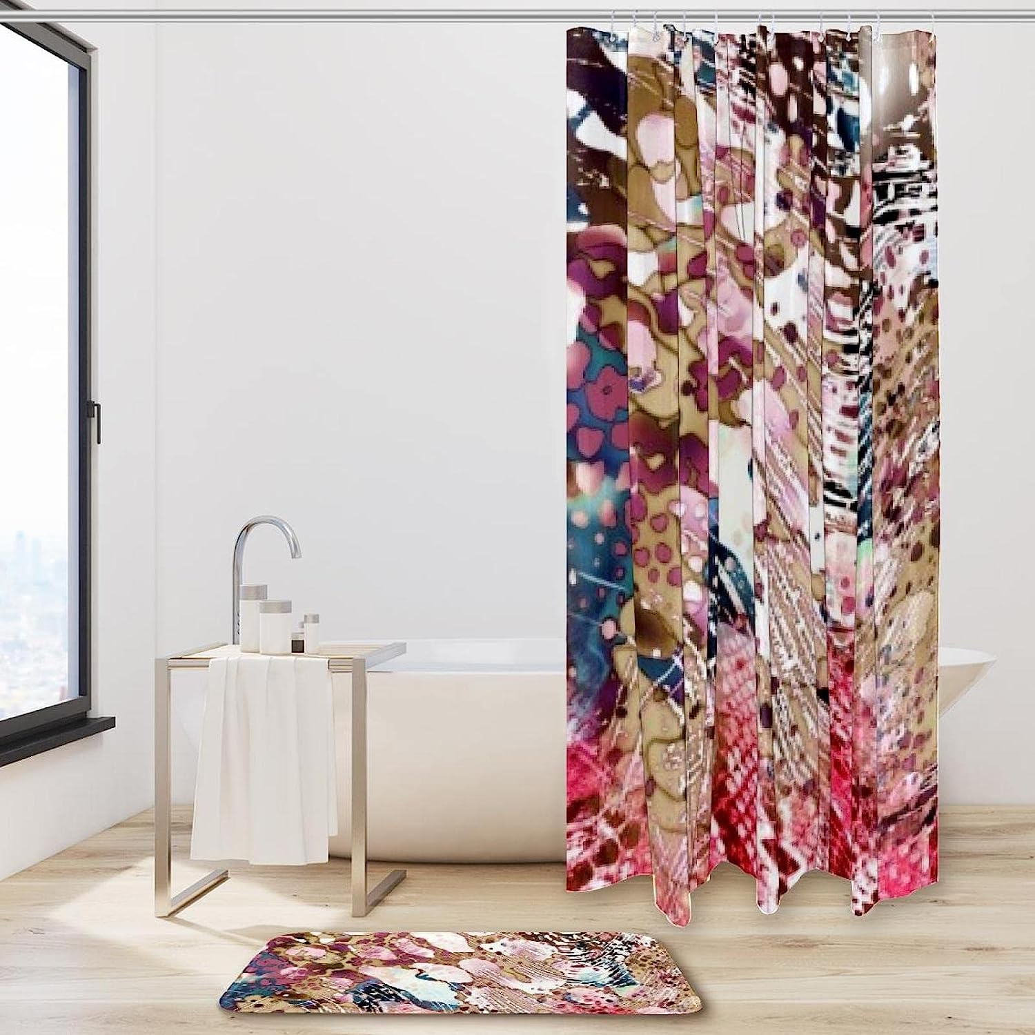 Pink Flowers Leopard Print Printed Bathroom Tub Set With Waterproof Fabric Shower Curtain - Image 2